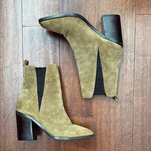 Marc Fisher Kristie Bootie in Brown Suede, Retro Square Toes, Size 8